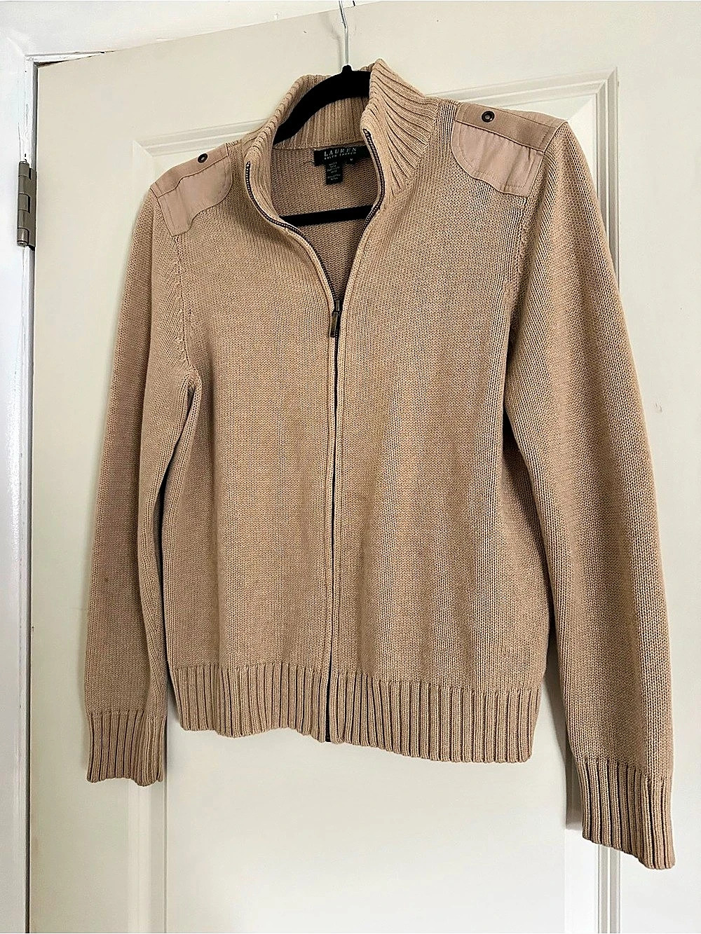 Lauren Ralph Lauren Cotton Zip-Front Sweater in Oatmeal Size Medium Like New